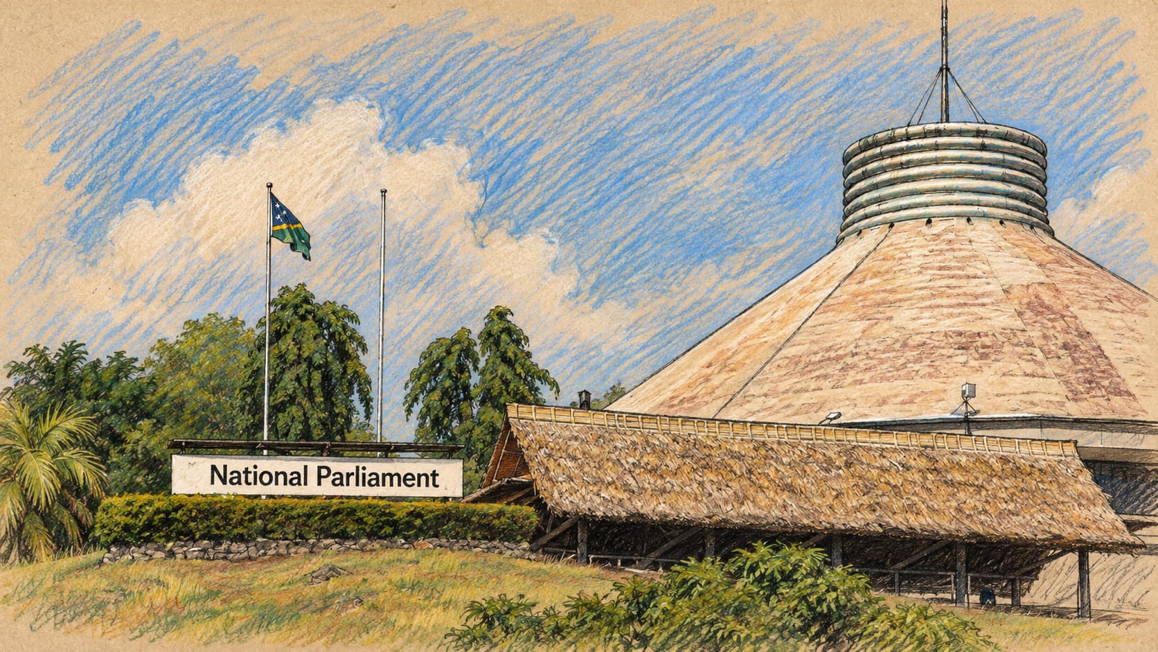 Courtroom-sketch editorial illustration of Solomon Islands Parliament House in Honiara, based on a June 2013 photograph. Archival institutional context, not the reported proceedings.
