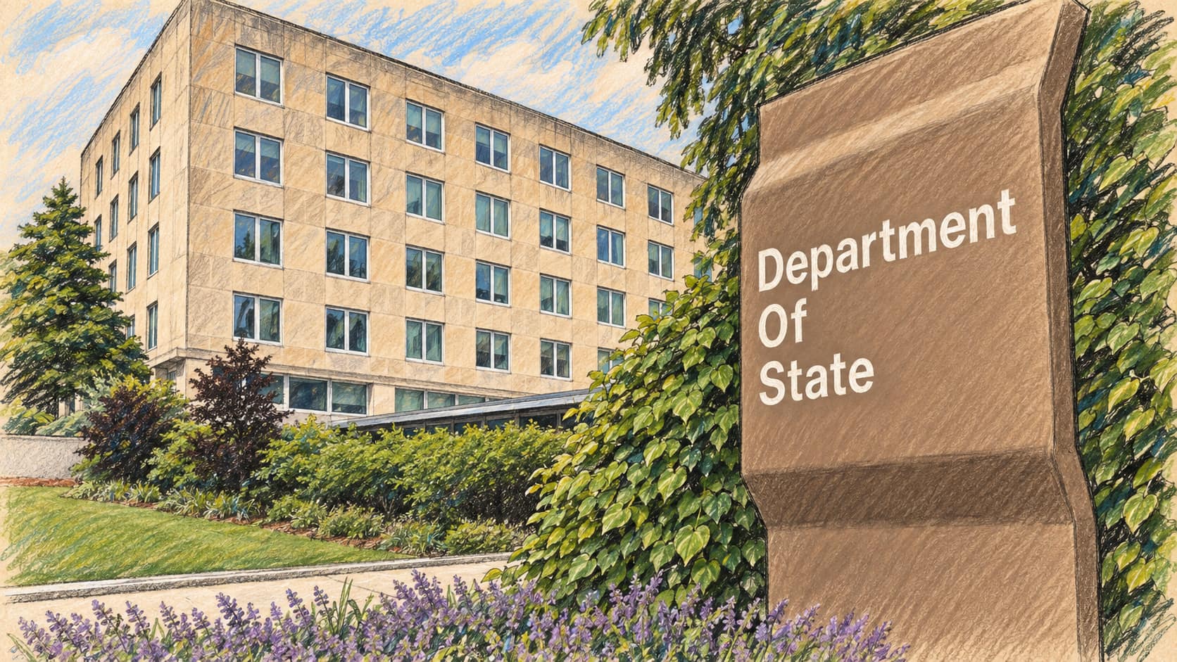 Courtroom-sketch editorial illustration of the U.S. Department of State Harry S. Truman Building in Washington, D.C., from a May 2024 photograph, with the seal omitted; archival institutional context, not the reported meeting or an overseas embassy.